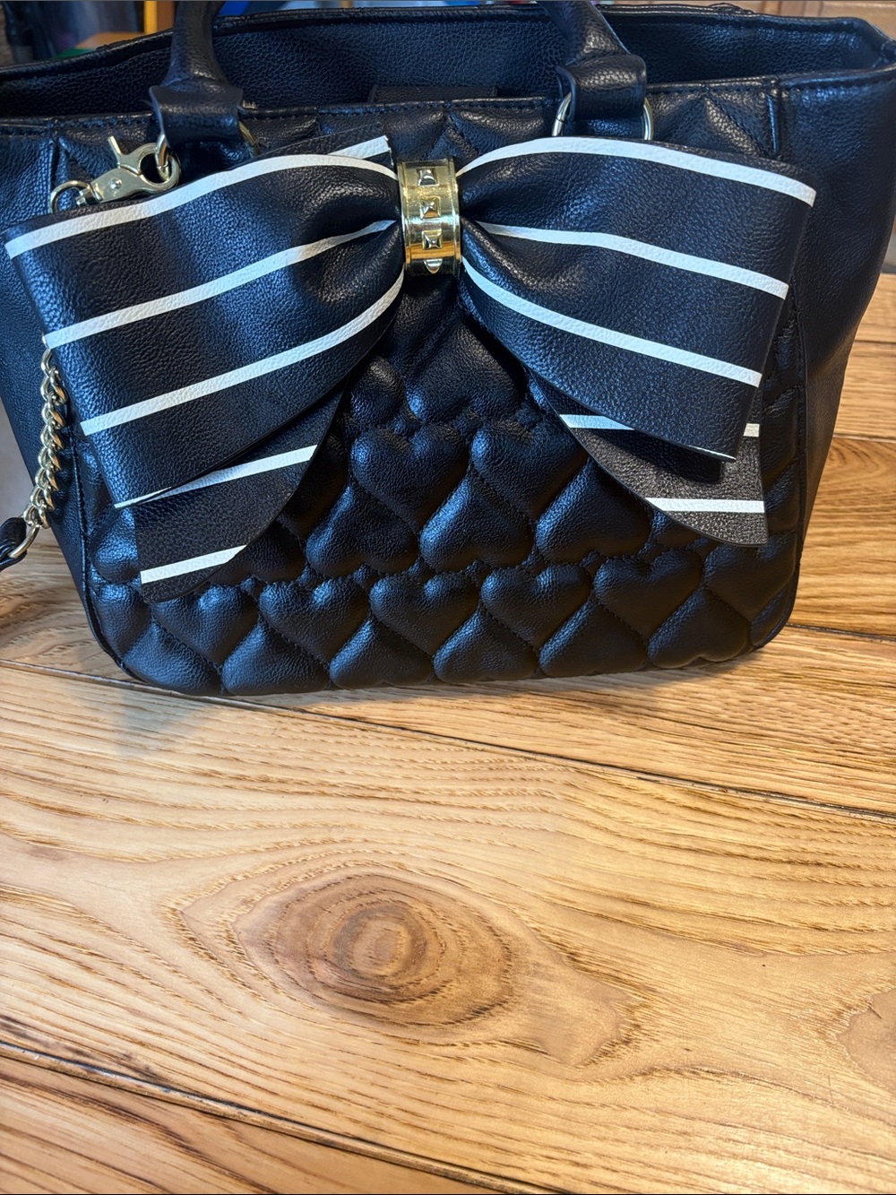 Betsey Johnson Black Quilted Satchel with Striped Bow